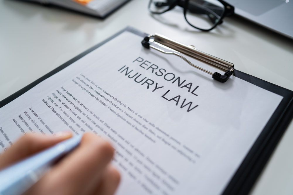 Close-up of a personal injury law document on a clipboard with a hand signing and office items in the background